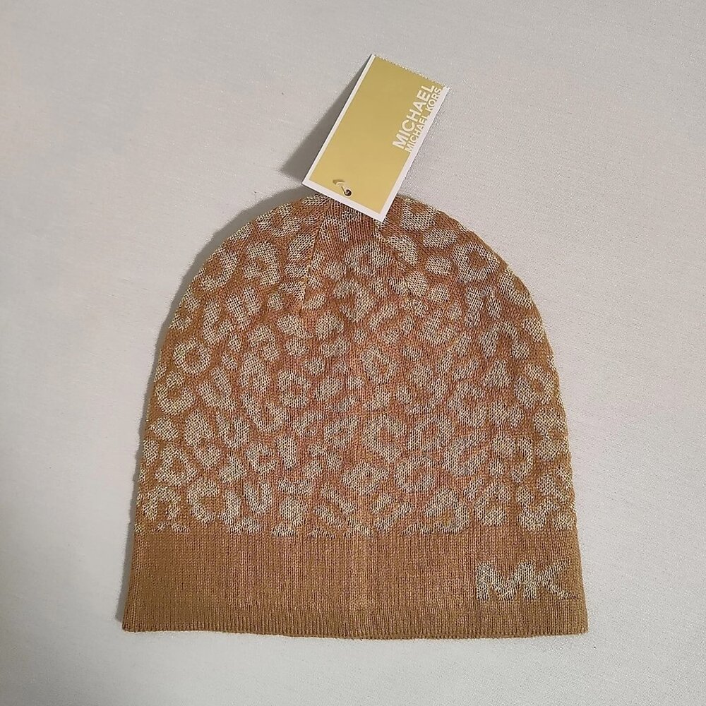 NEW! MICHAEL KORS MK Metallic Gold Animal Print Beanie Hat Knit Cap
